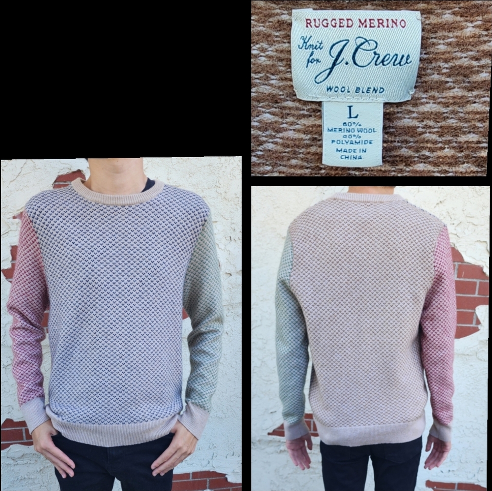 L fit Medium J CREW Rugged Merino Knit Sweater Wool Blend CREW Neck Long Sleeve